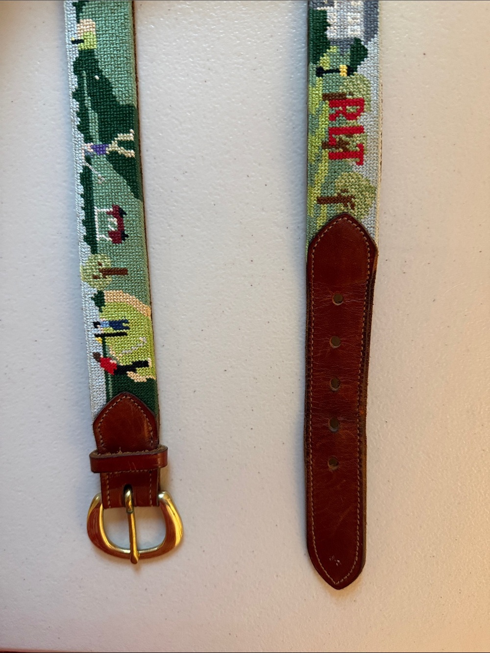 Green Needlepoint Leather-Trim Belt with Gold Buckle Golf Scene size 40